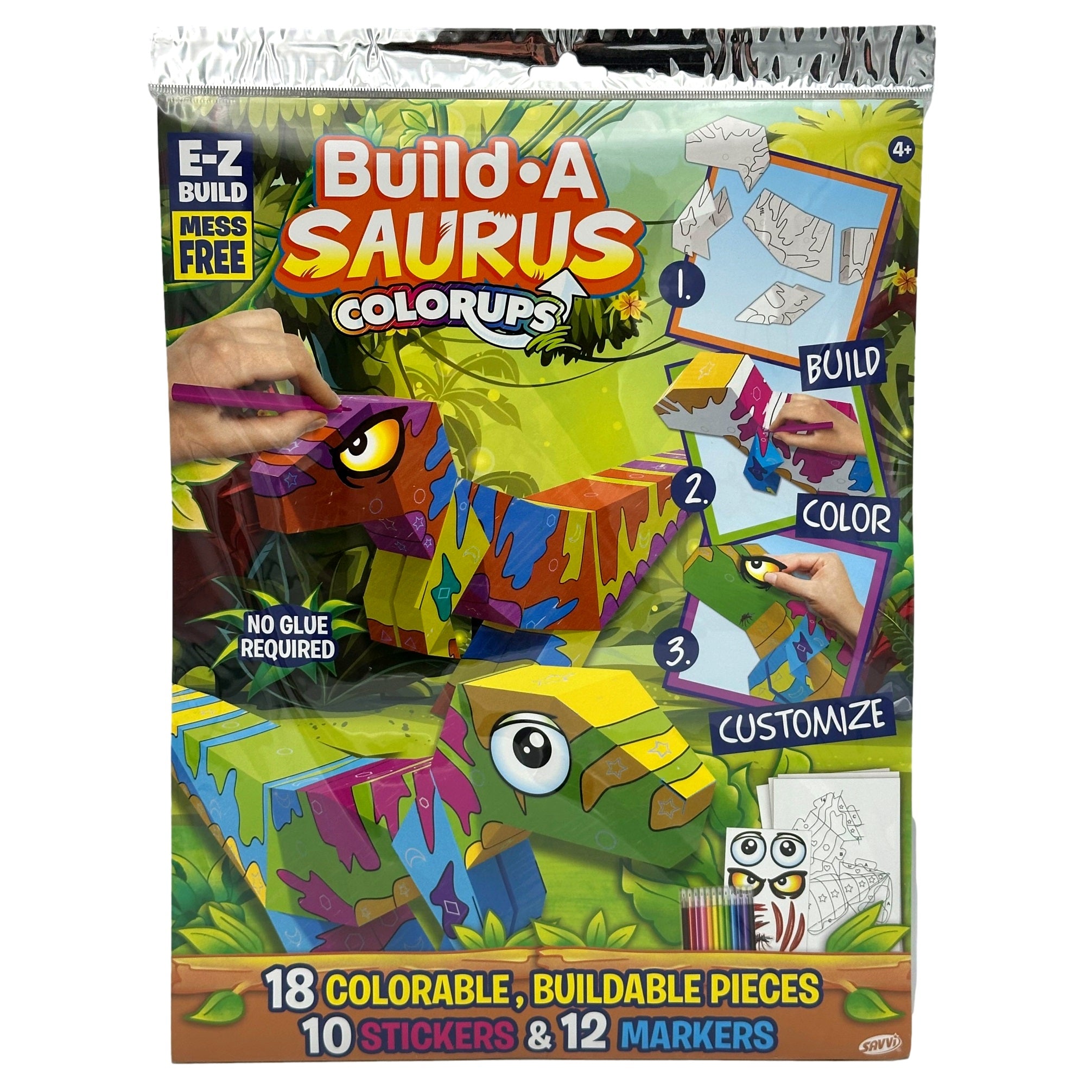 Packaging for a Build-A-Saurus toy, featuring a colorable dinosaur made from cardboard pieces, along with markers and stickers.